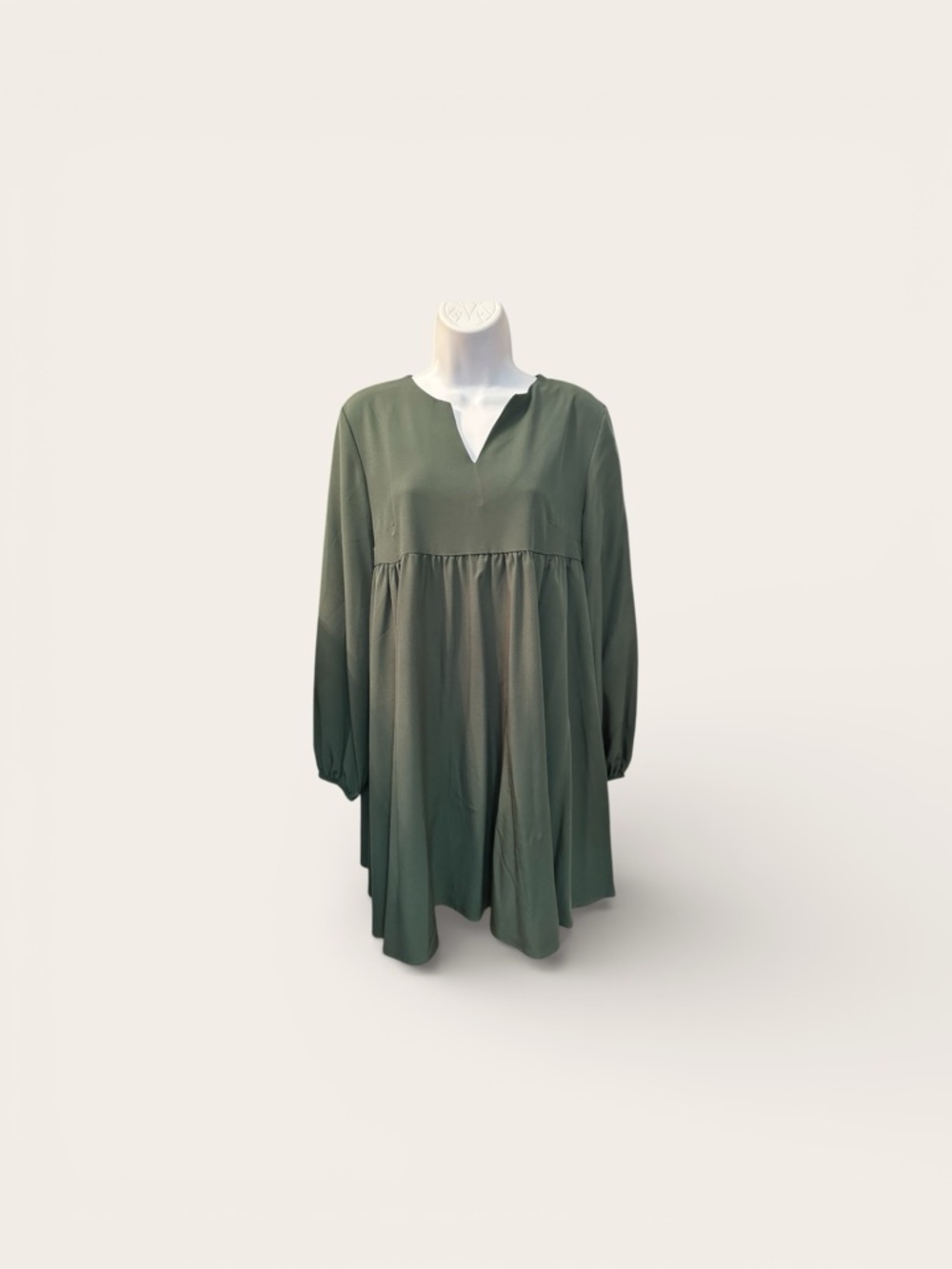 SHEIN Dark Green Long Sleeve V-Neck Babydoll Dress